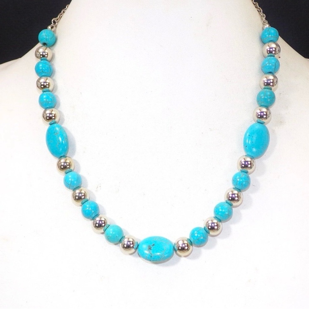 Turquoise stone necklace with shiny silver beads, oval and round stones  New